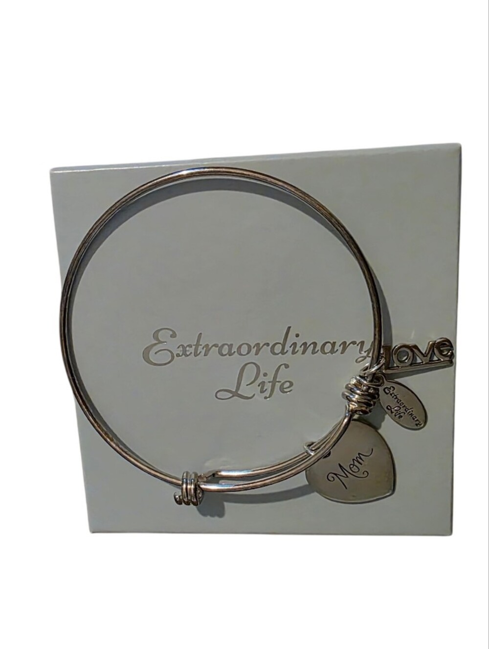Sterling Silver Mom Heart Charm Bangle with LOVE and Oval Accents - Picture 3 of 3